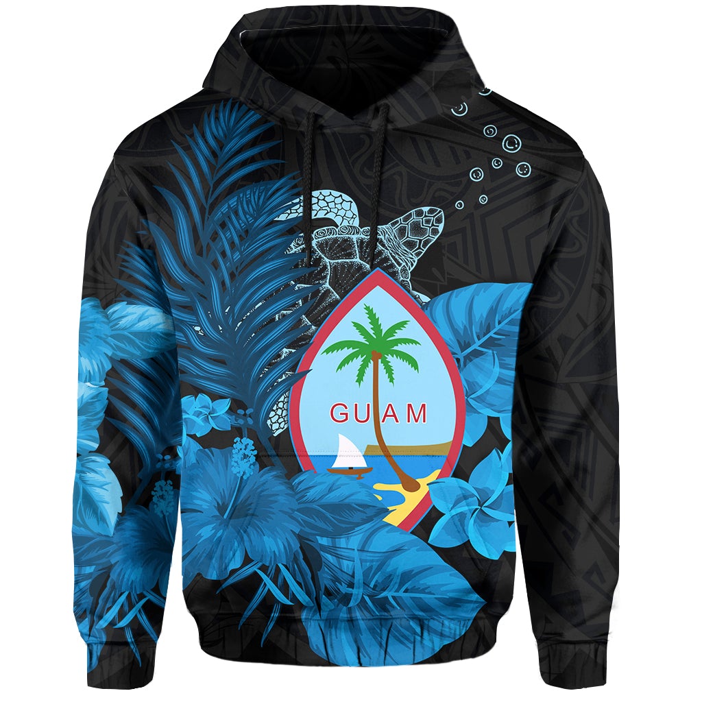 Blue zip hoodie with Guam turtle crest and tropical foliage, front view