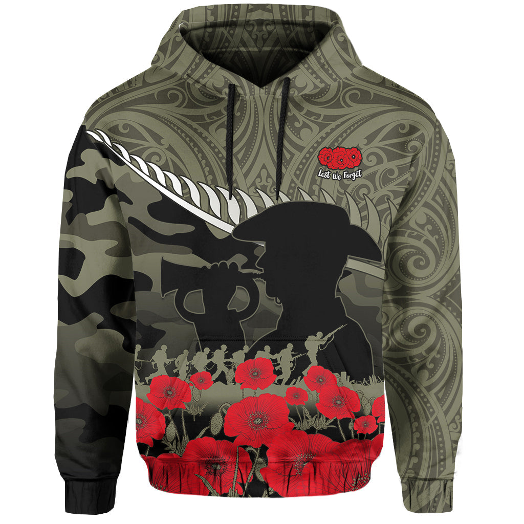 Camouflage zip hoodie with Maori-style swirls, red poppy flowers, black soldier silhouette