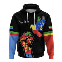 One Love pullover hoodie, black with multicolor fist-and-hands graphic and dove
