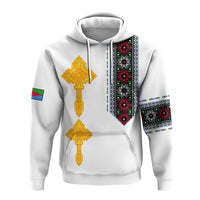 White pullover hoodie with Eritrean cross and patterned flag graphic on front, sleeves