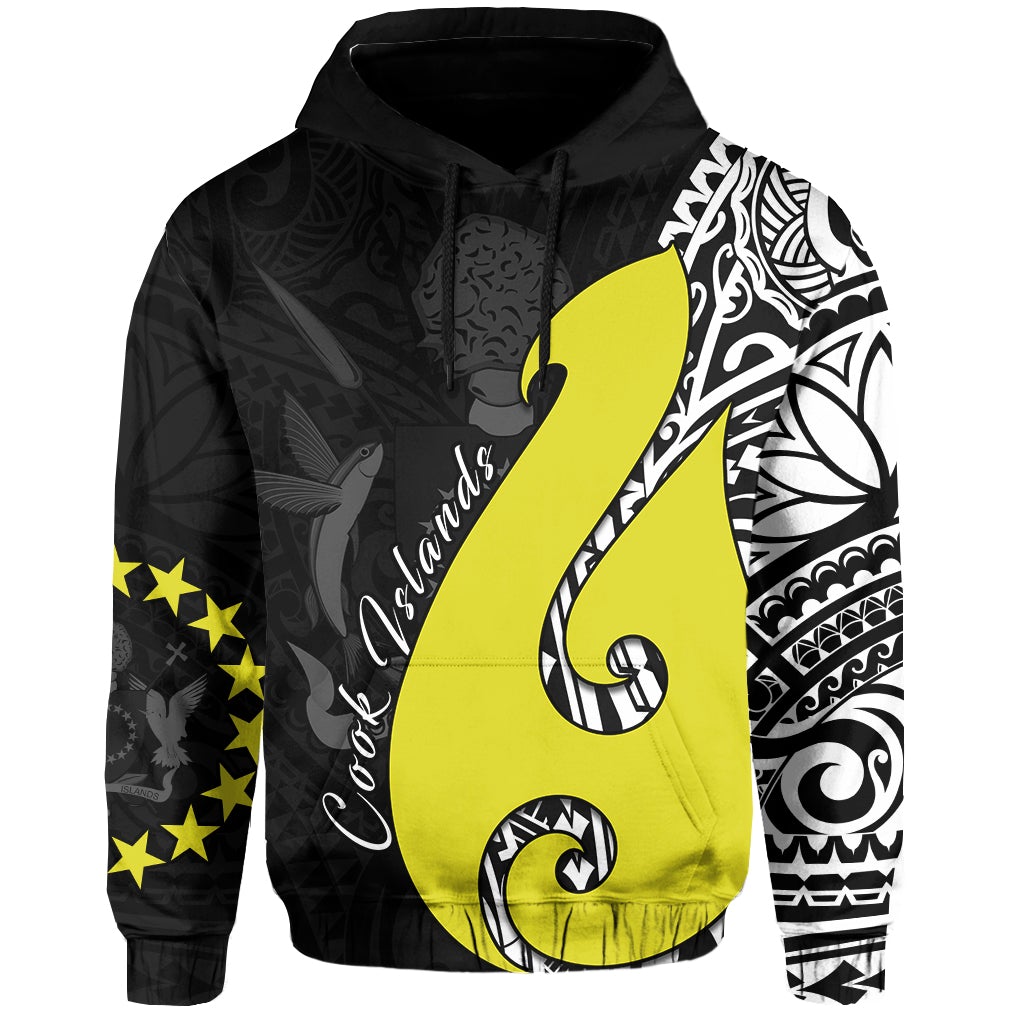 Black pullover hoodie with yellow Polynesian fish-hook graphic and tribal bird print
