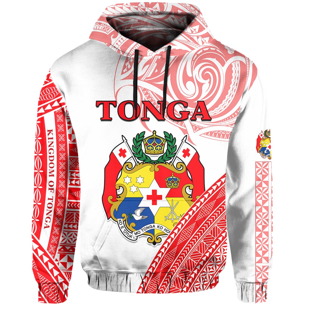 Red-and-white Tonga graphic pullover hoodie, front crest and TONGA text, hood