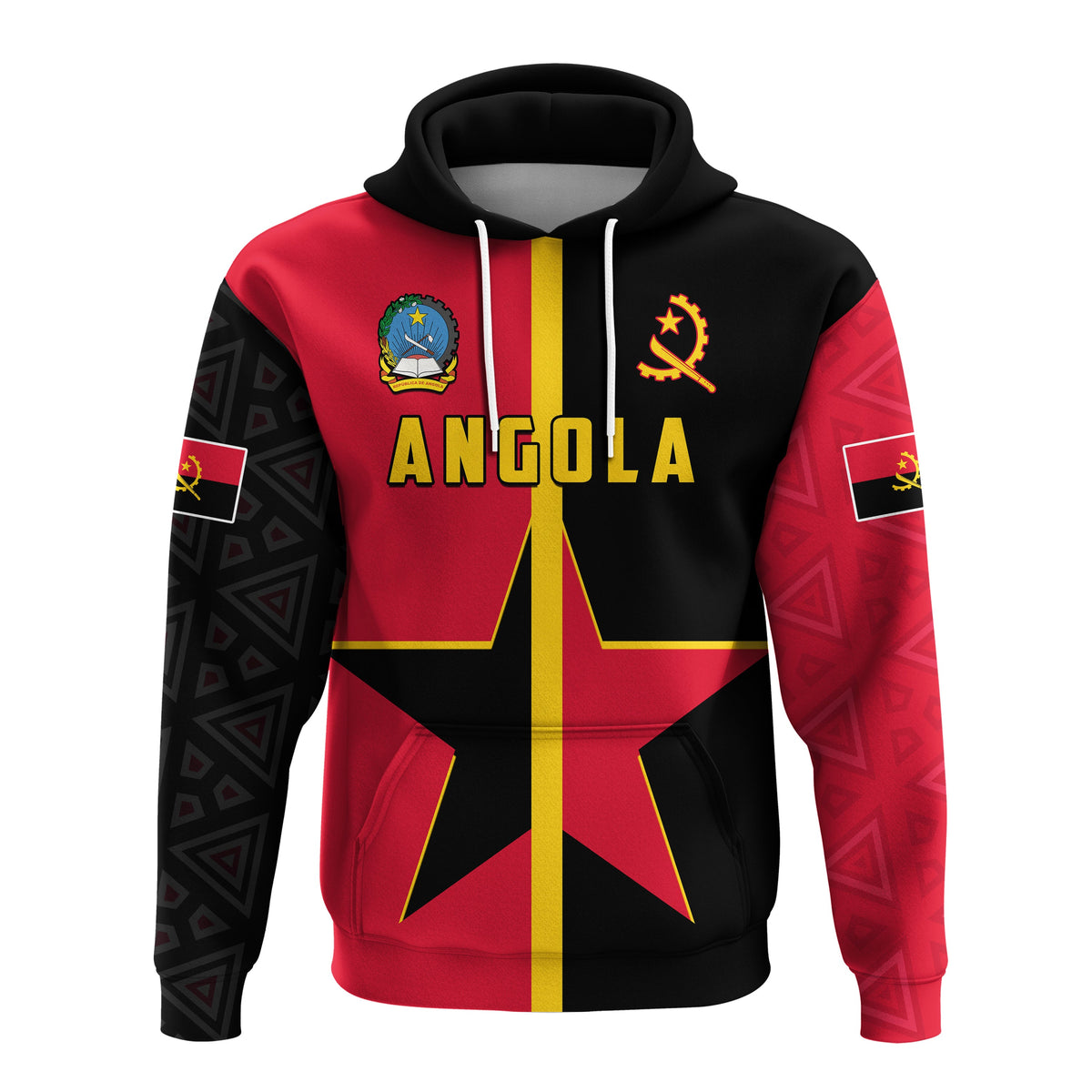 Angola pullover hoodie with hood, front print with star, flag, and “ANGOLA”