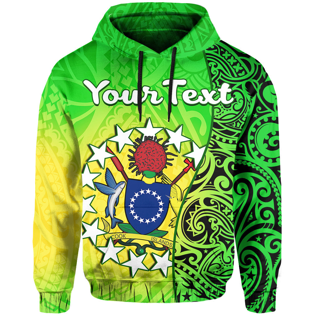 Green hoodie with hood and drawstrings, Cook Islands crest and Polynesian turtle graphic