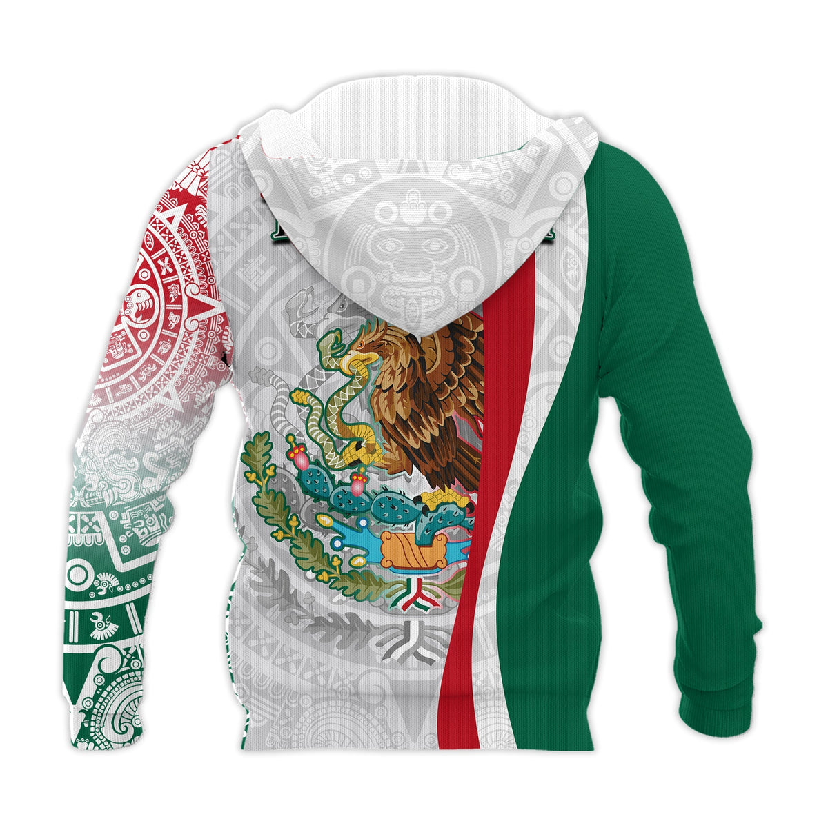 White hoodie back with hood, green and red stripe panel, and colorful eagle graphic
