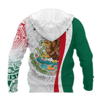 White hoodie back with hood, green and red stripe panel, and colorful eagle graphic