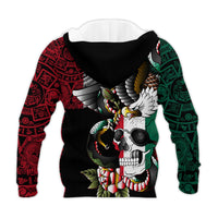 Pullover hoodie, black with front skull graphic and red/green pattern sleeves