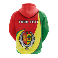 Red and green hoodie with large YOUR TEXT and crest emblem