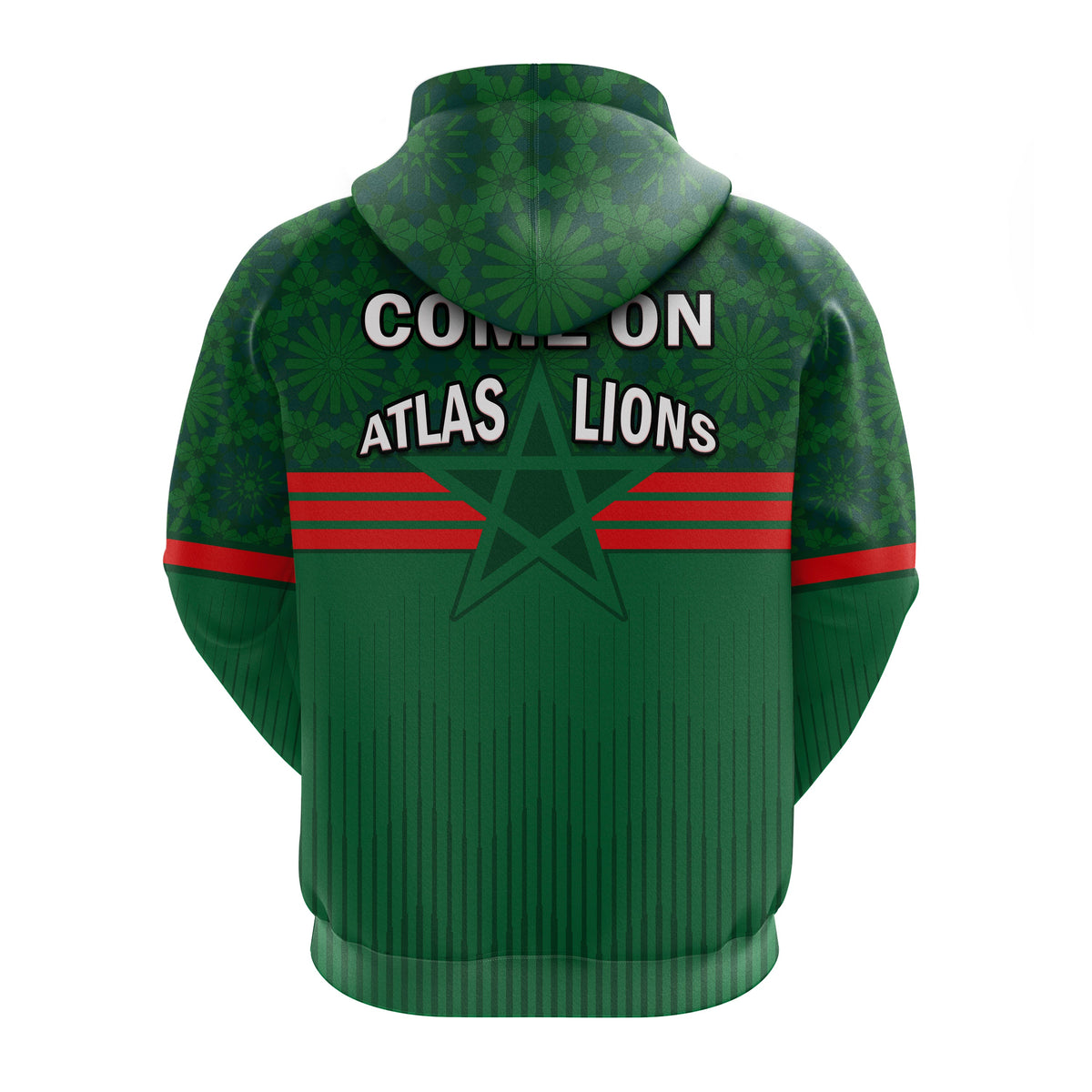 Green football hoodie back with drawstring hood, 'Come on Atlas Lions' text and star stripes