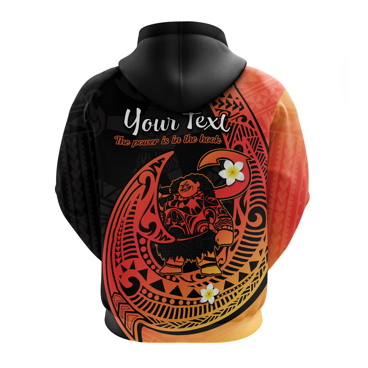 Orange gradient pullover hoodie with black hood and Polynesian fish hook graphic on back