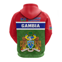 Red hoodie back with 58th Independence text, flag stripes, and lion crest