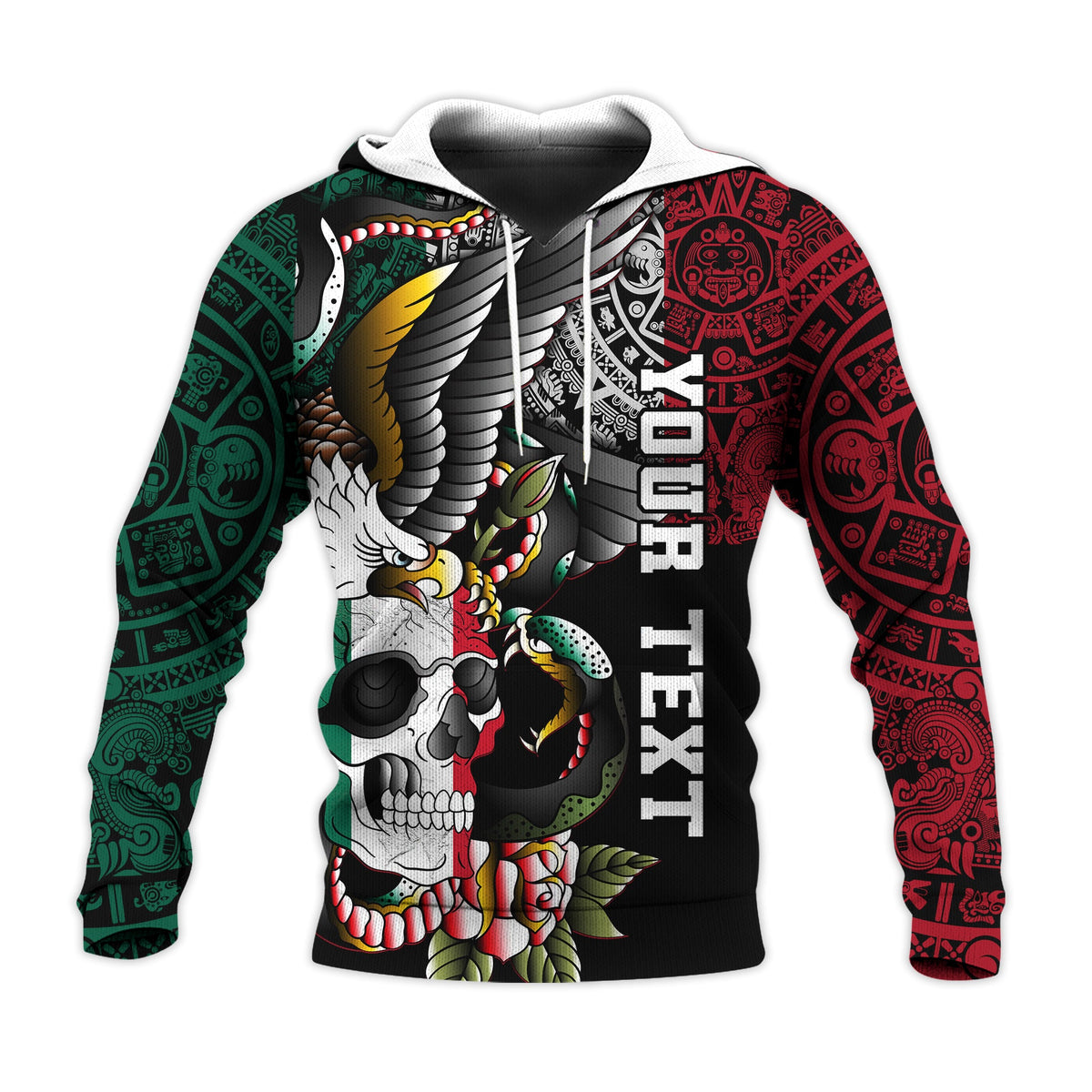 Black pullover hoodie with hood, skull and eagle graphic, red and green patterned sleeves