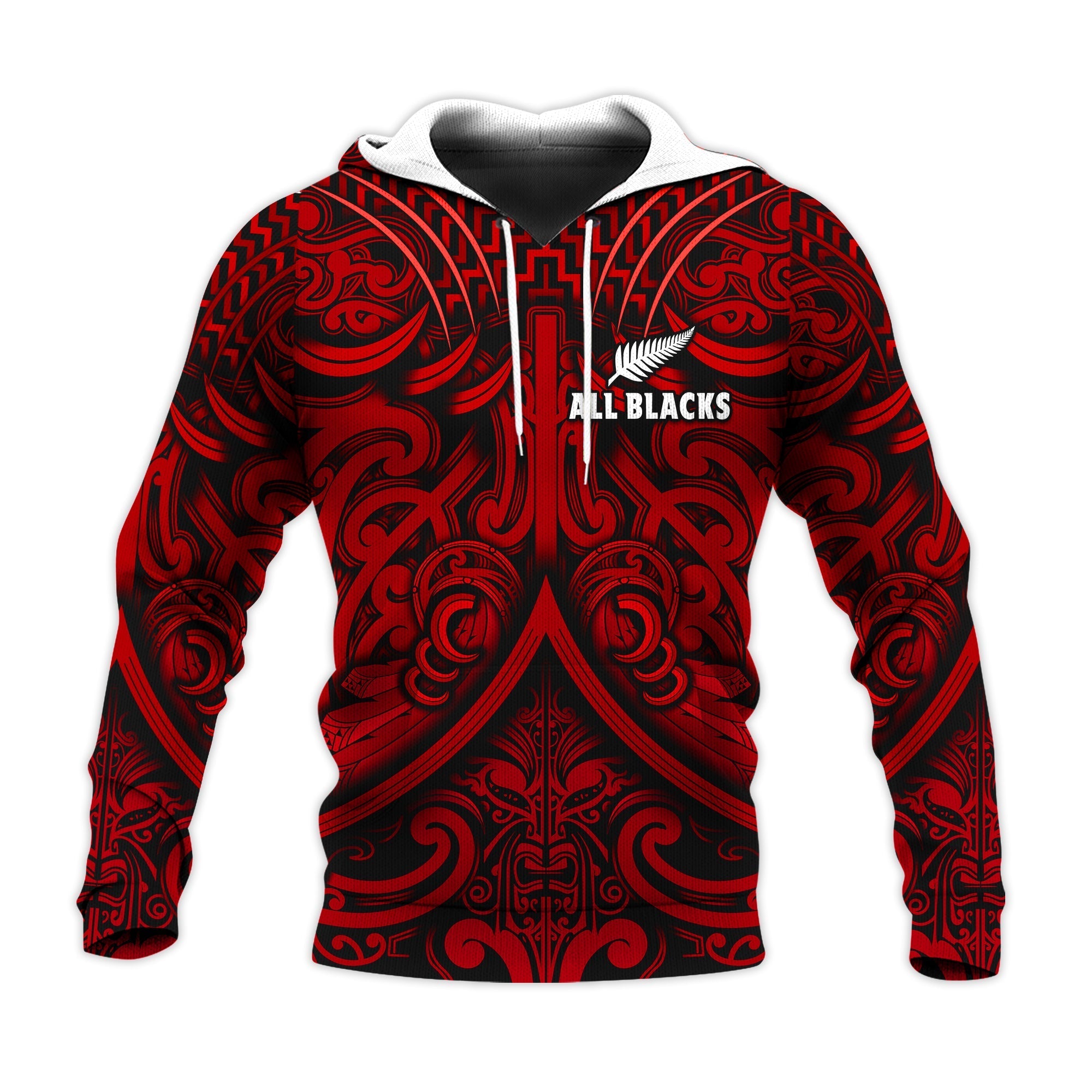 Custom Text and Number New Zealand Silver Fern Rugby Hoodie All Black Red NZ Maori Pattern LT13 - Wonder Print Shop