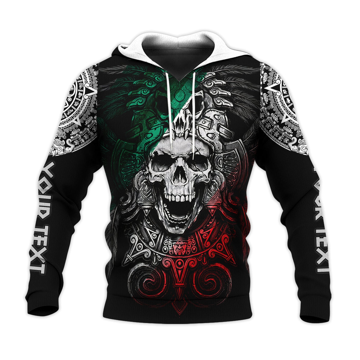 Black zip hoodie with white patterned sleeves and colorful skull eagle graphic, front view