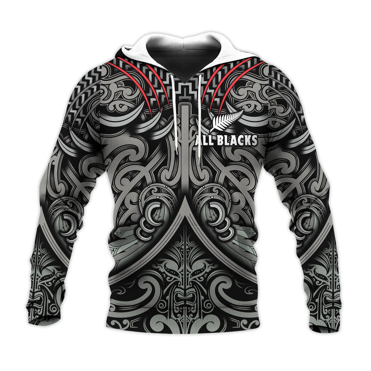 Black rugby hoodie with Maori pattern and All Blacks chest graphic, pullover hood