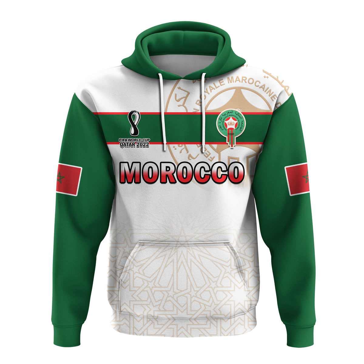 Morocco football hoodie with white body, green sleeves, hood, drawstrings, front pocket