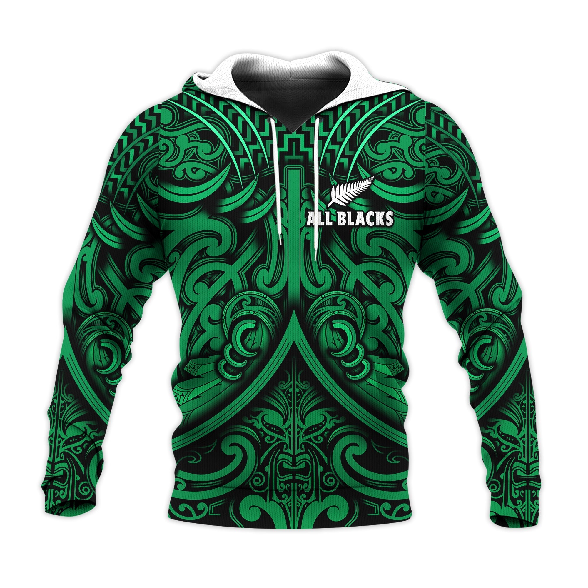 New Zealand Silver Fern Rugby Hoodie All Black Green NZ Maori Pattern LT13 - Wonder Print Shop