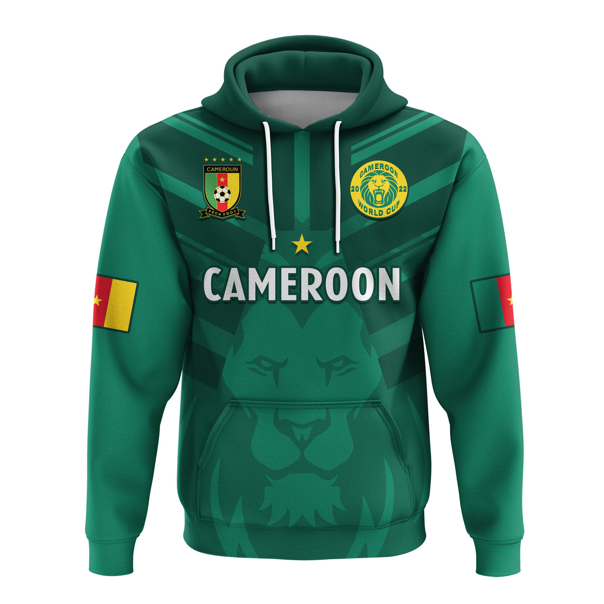 Green Cameroon football pullover hoodie with front crest and large CAMEROON print