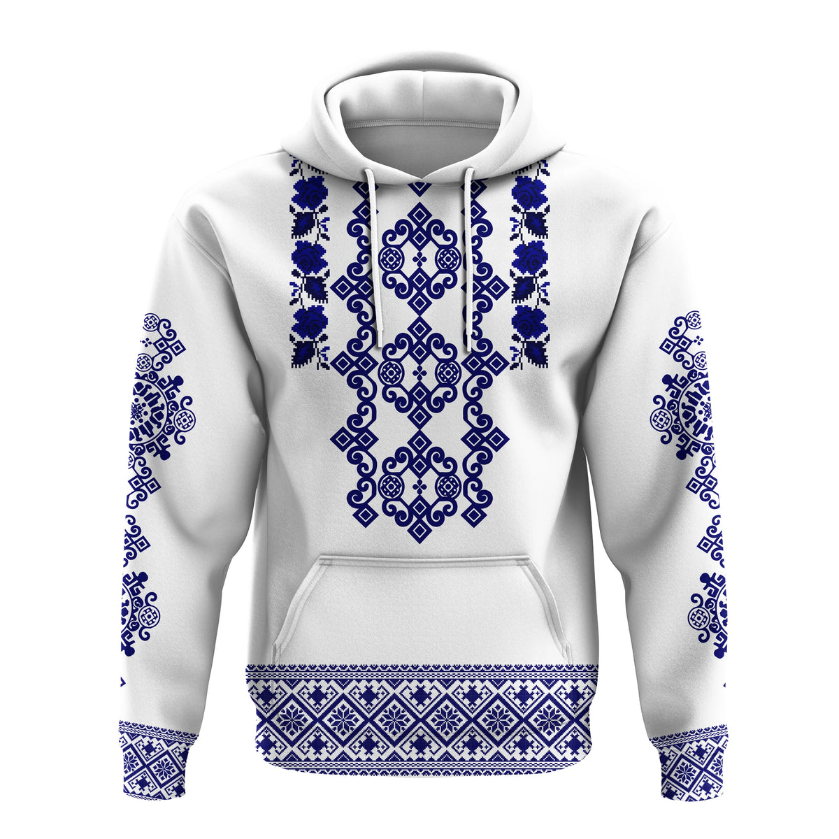 White pullover hoodie with blue Ukrainian folk pattern and kangaroo pocket