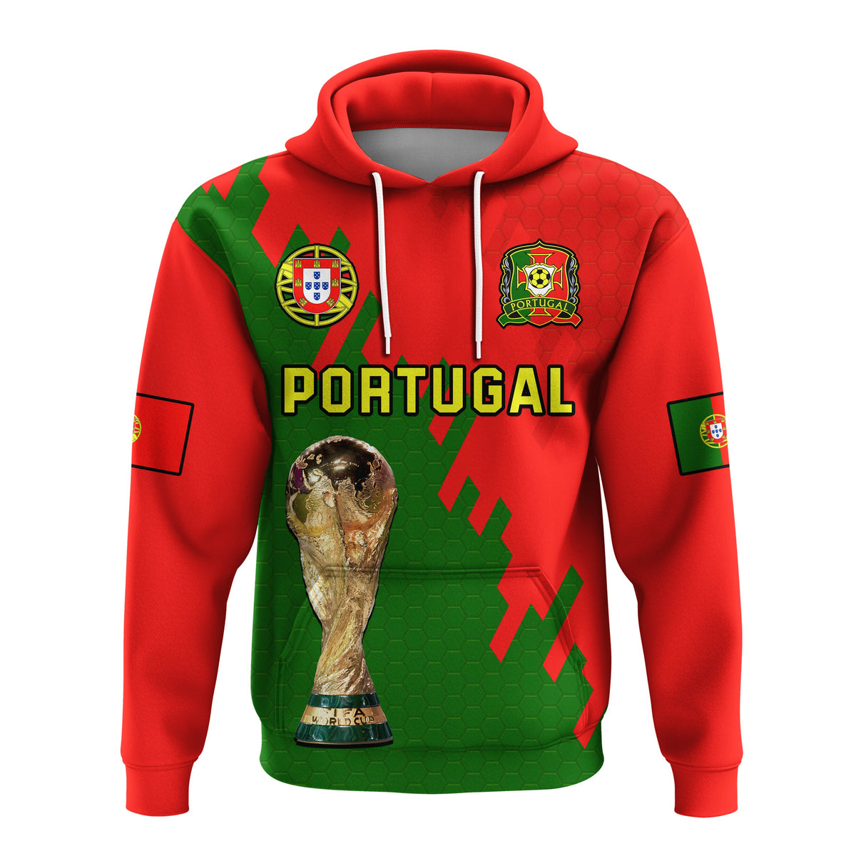 Red Portugal football hoodie with green graphic, Portugal crest, and trophy front