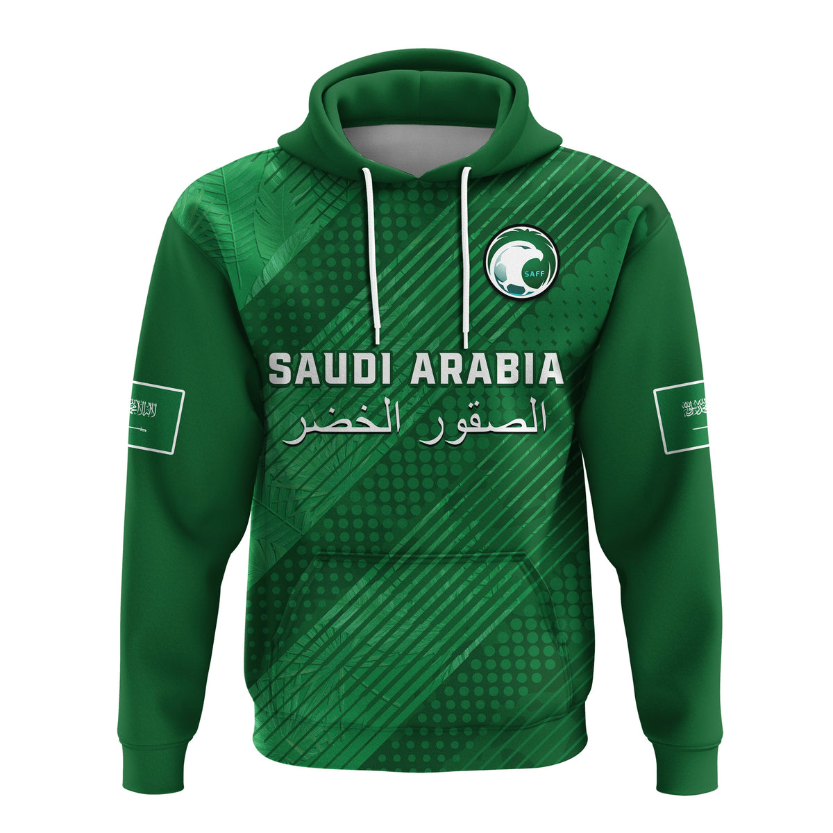 Green football hoodie with hood drawstrings, SAUDI ARABIA print and crest