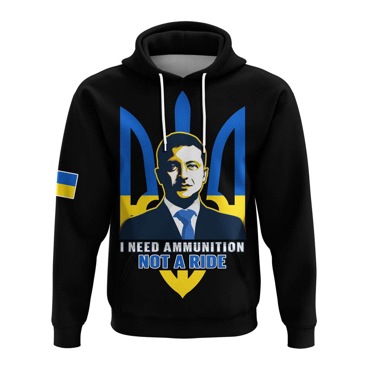 Black pullover hoodie with bold blue-yellow trident soldier graphic and text