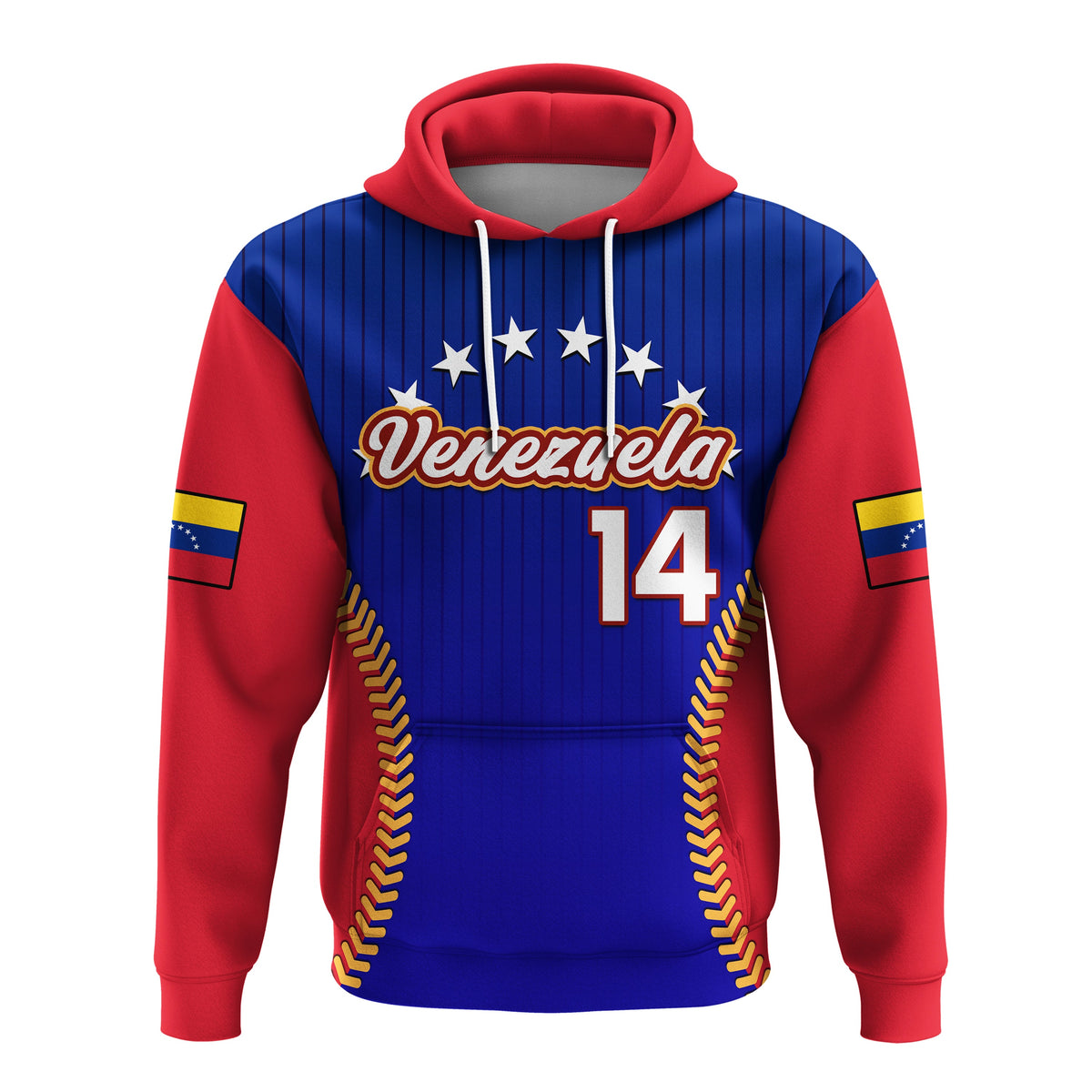 Red/blue baseball hoodie with Venezuela print, stars, and #14