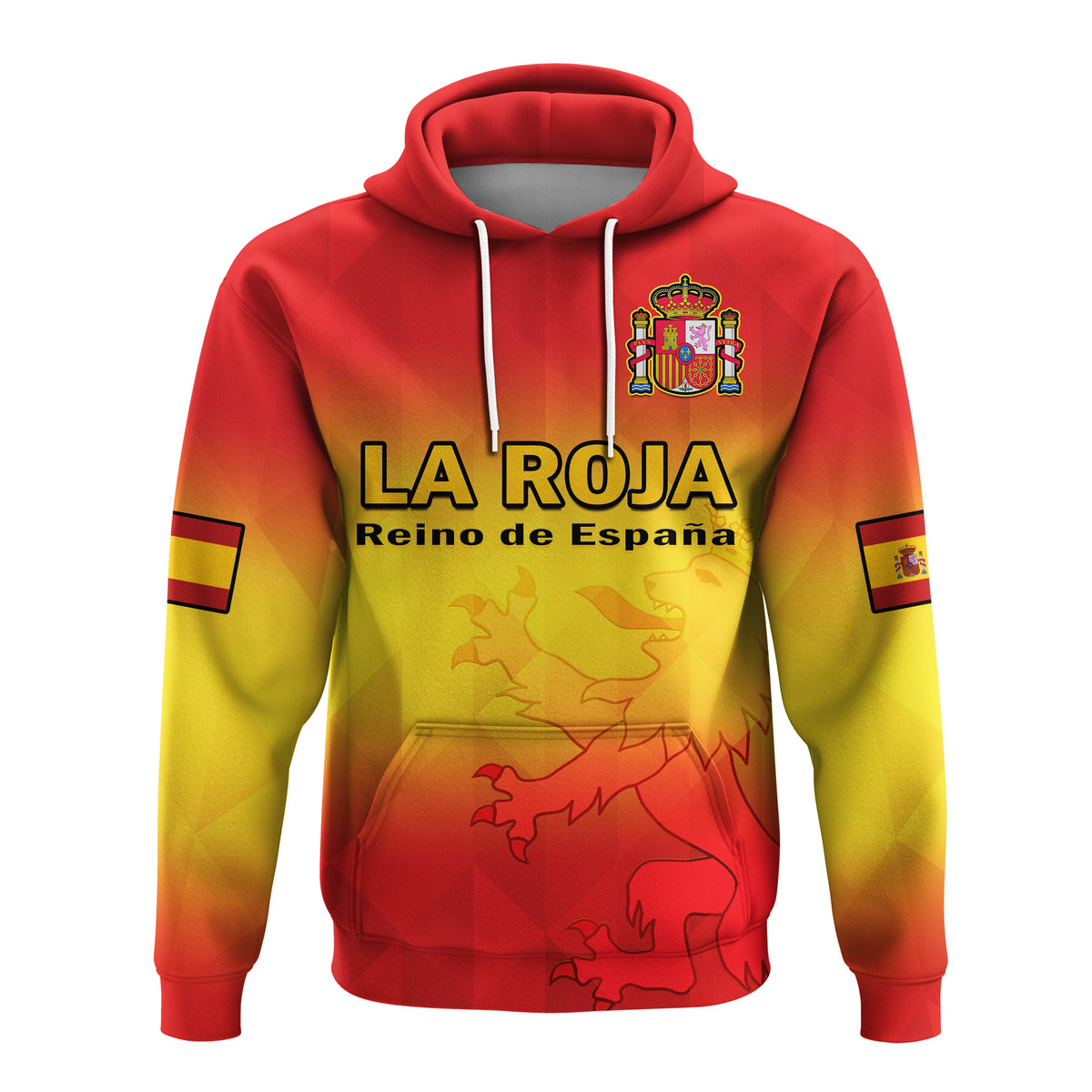 Red and yellow gradient hoodie with hood, drawstrings, 'LA ROJA' and Spain crest