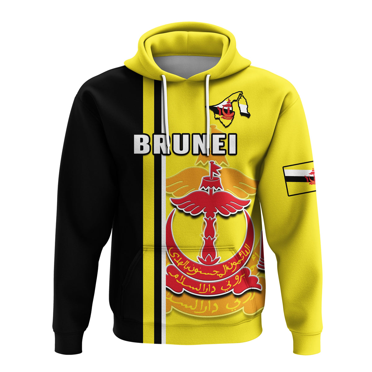 Yellow and black pullover hoodie with BRUNEI crest graphic and hood drawstrings