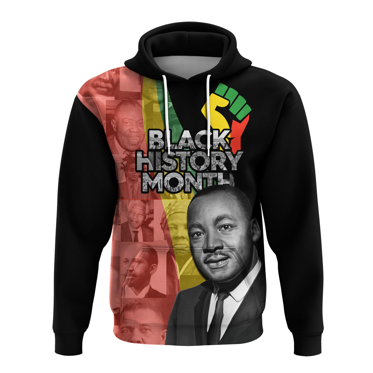 Black pullover hoodie with 'BLACK HISTORY MONTH' text and portrait graphic front