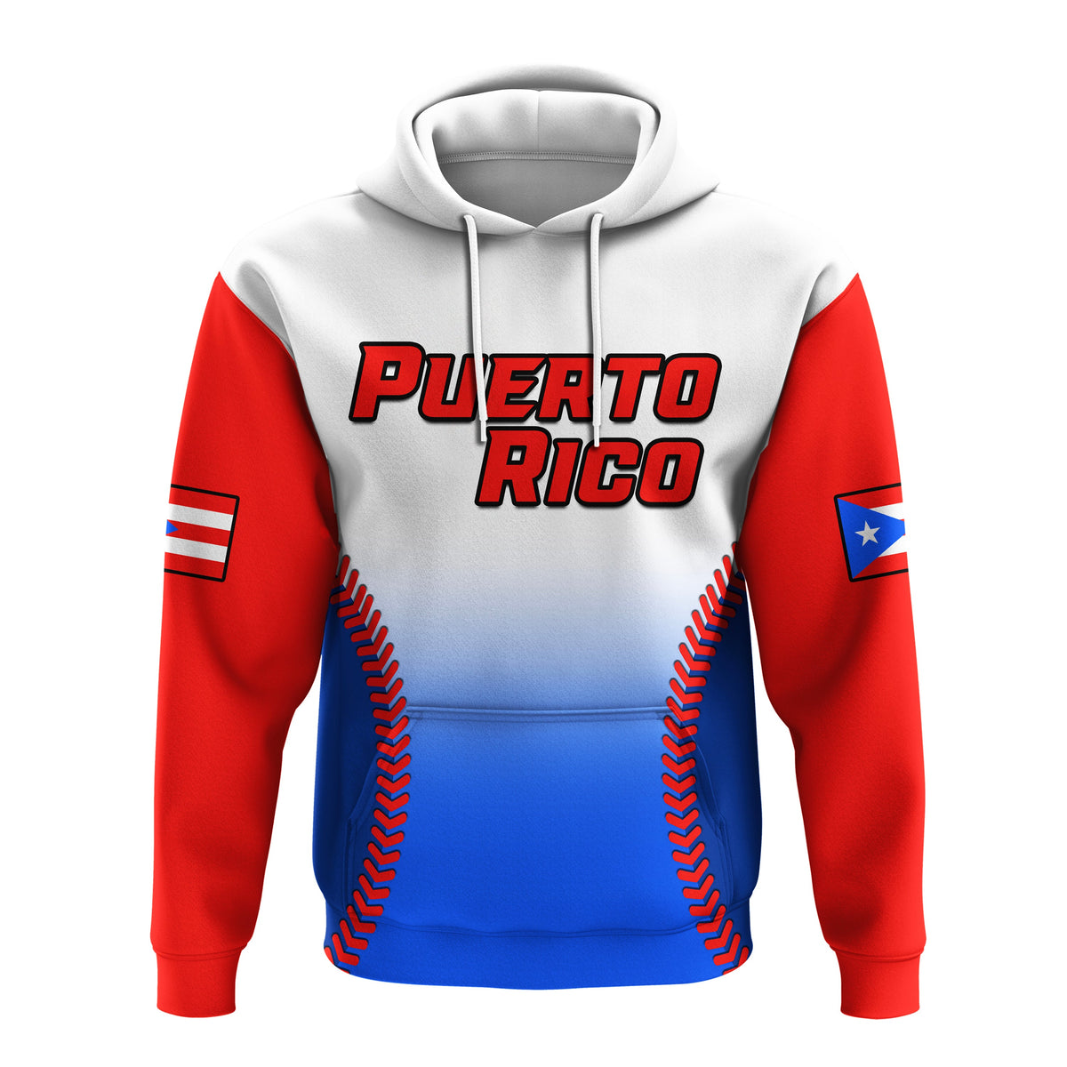 Baseball-style hoodie, white body with red sleeves, Puerto Rico front graphic.