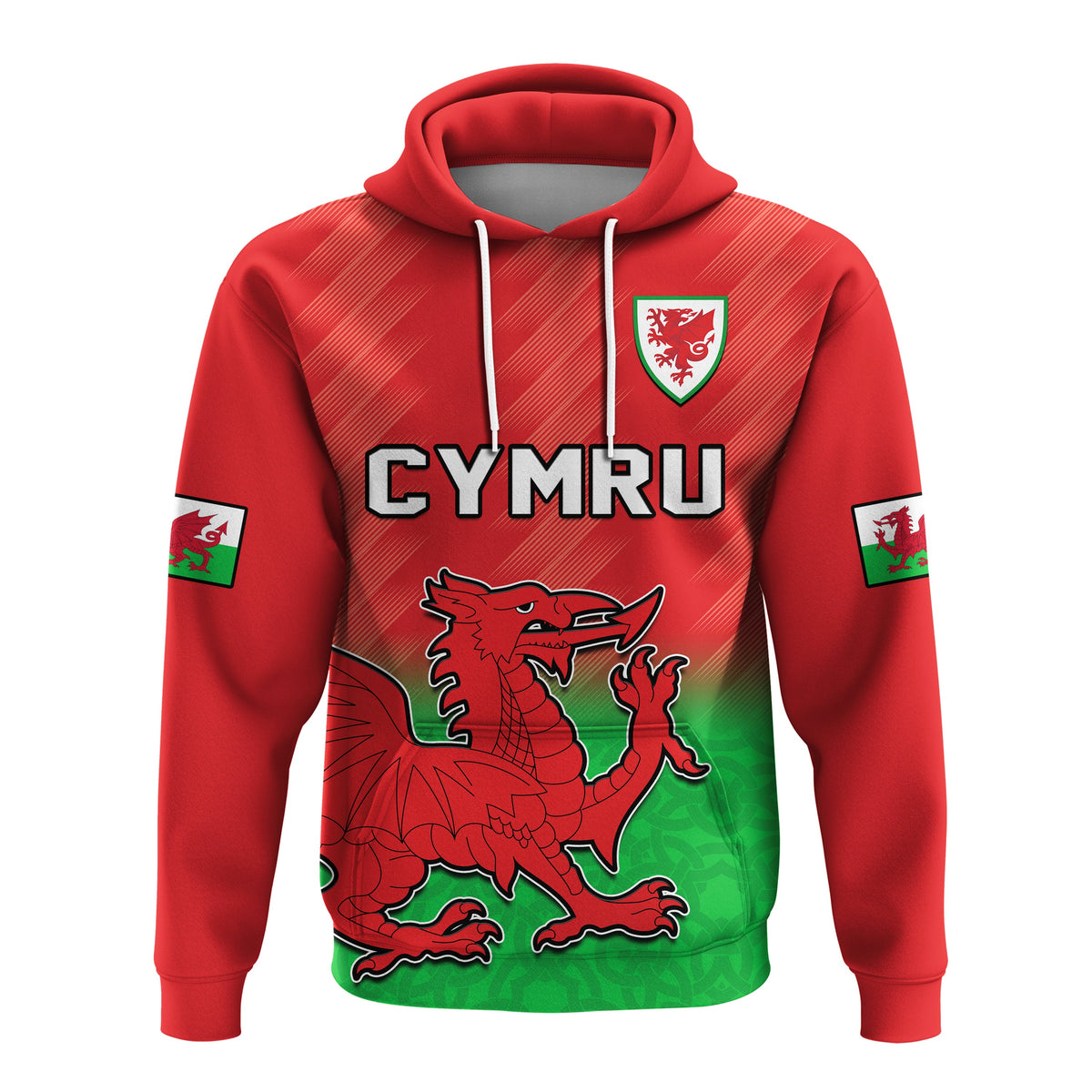 Red pullover hoodie with CYMRU graphic, Welsh crest, and dragon front print