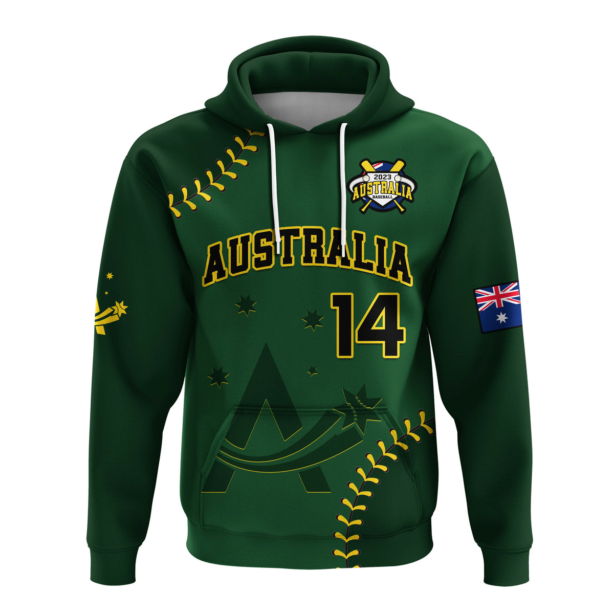 Green pullover hoodie with Australia baseball crest, front graphic, and number 14