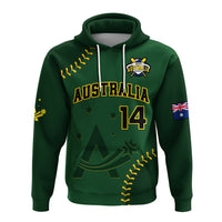 Green pullover hoodie with Australia baseball crest, front graphic, and number 14