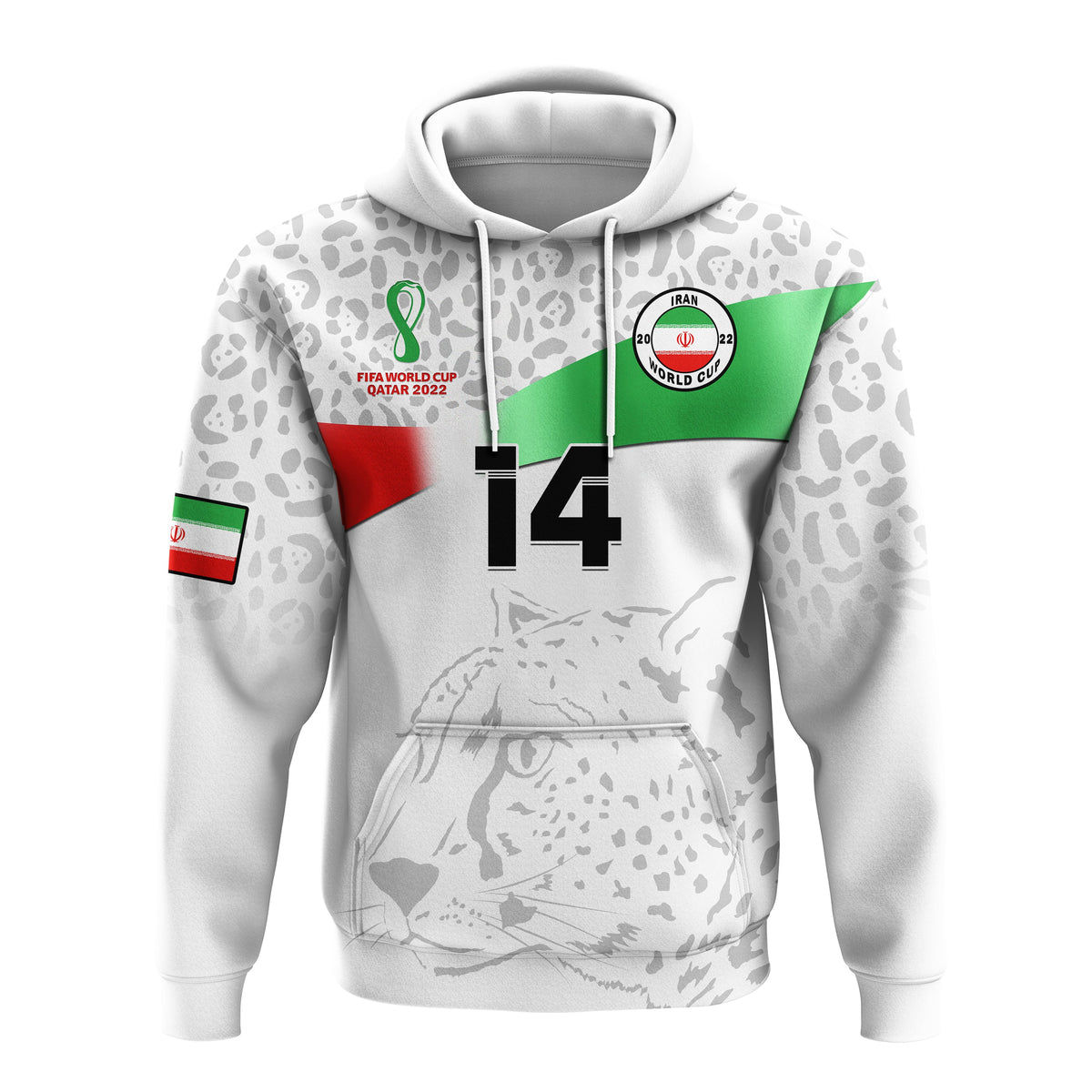 White pullover hoodie with Iran-themed front graphic, hood and drawstrings
