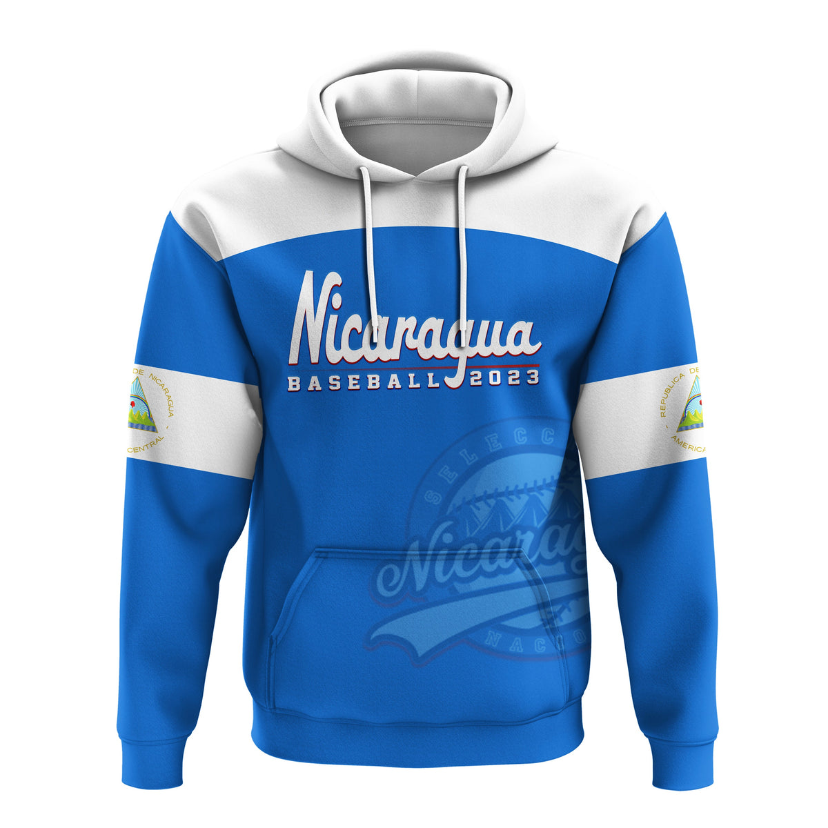 Baseball-style pullover hoodie with blue and white panels, front logo graphic