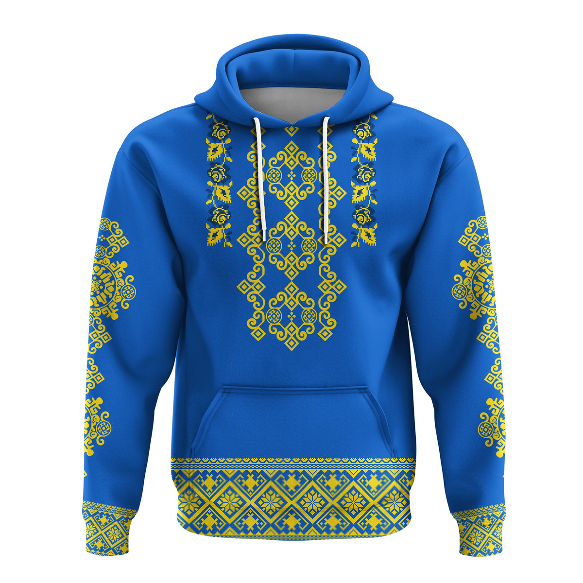 Blue pullover hoodie with Ukrainian folk embroidery, drawstring hood and front pocket