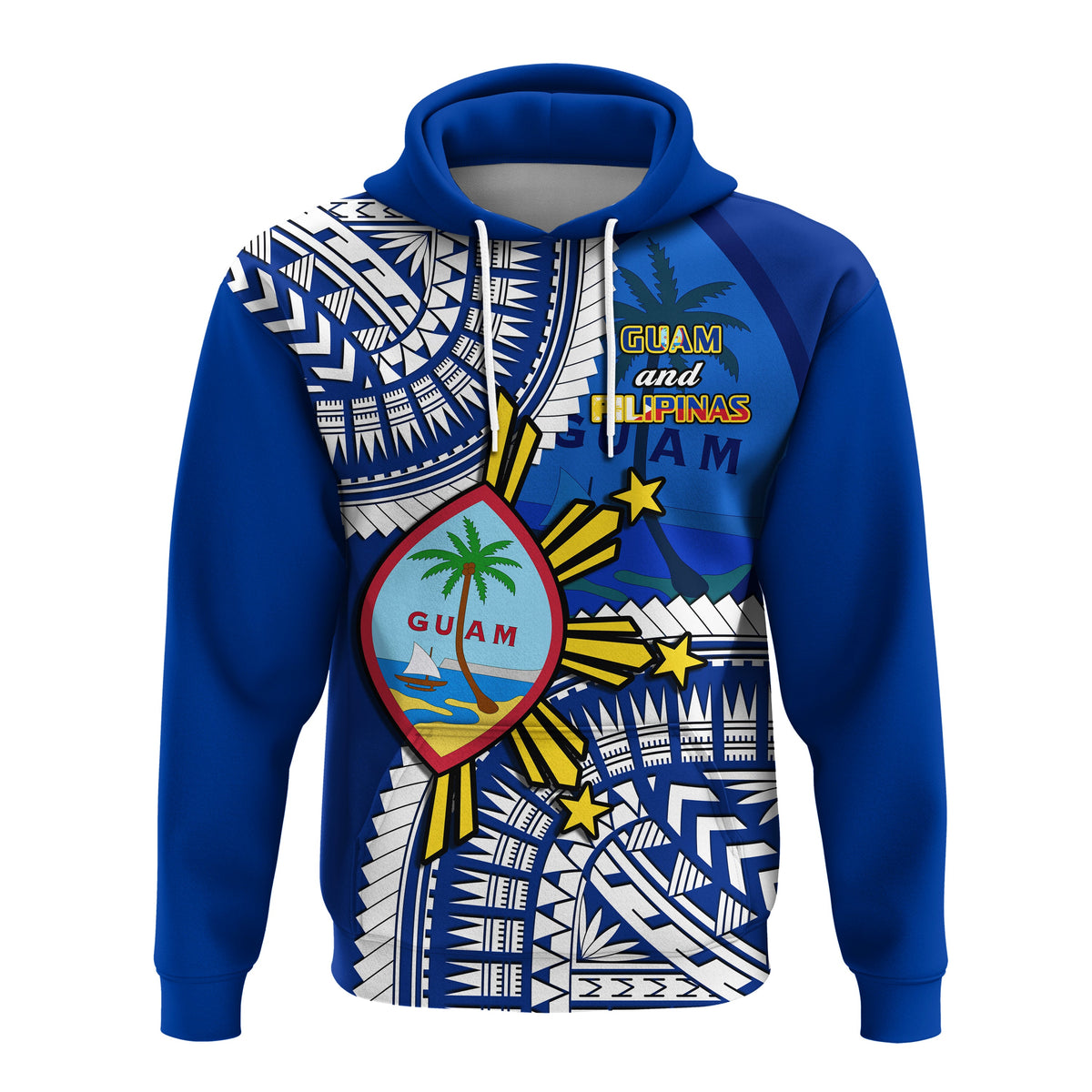 Blue pullover hoodie with colorful Guam and Philippines graphic on front, hood.