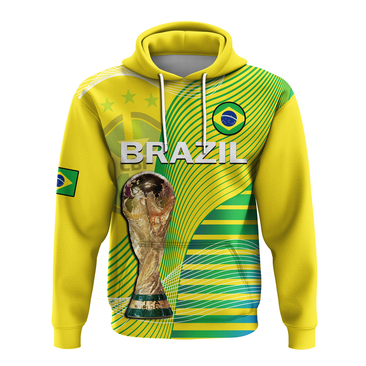 Yellow Brazil football pullover hoodie with green radial stripes and Brazil crest