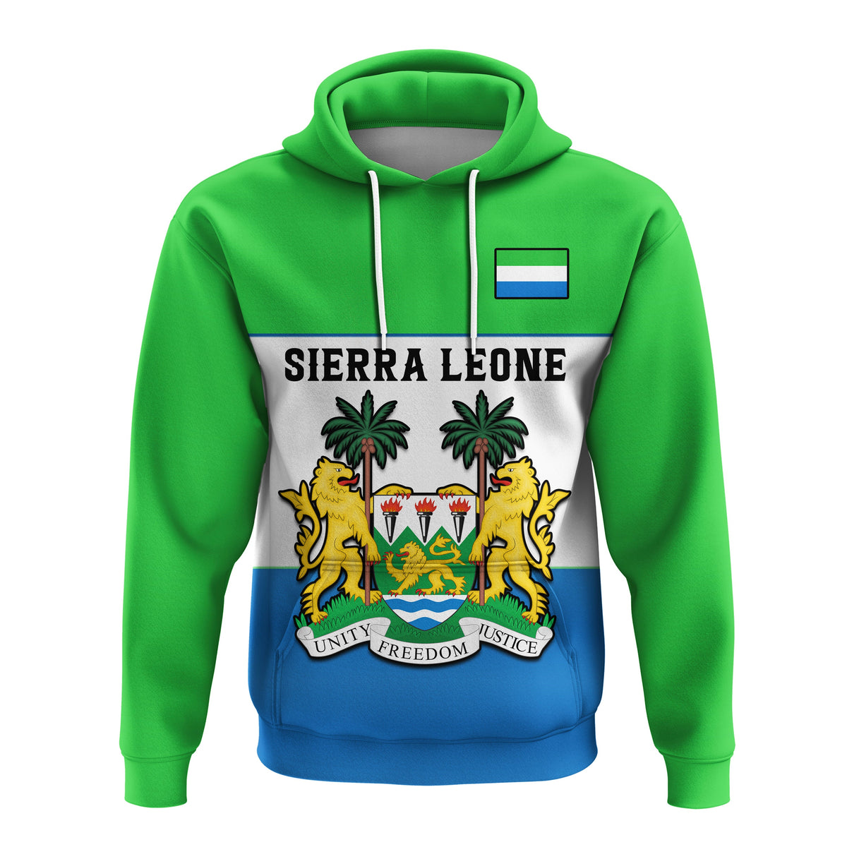 Green pullover hoodie with hood drawstrings and Sierra Leone crest graphic on front
