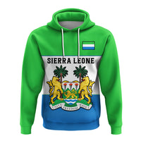 Green pullover hoodie with hood drawstrings and Sierra Leone crest graphic on front