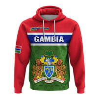 Red pullover hoodie with front flag-style Gambia graphic, drawstring hood