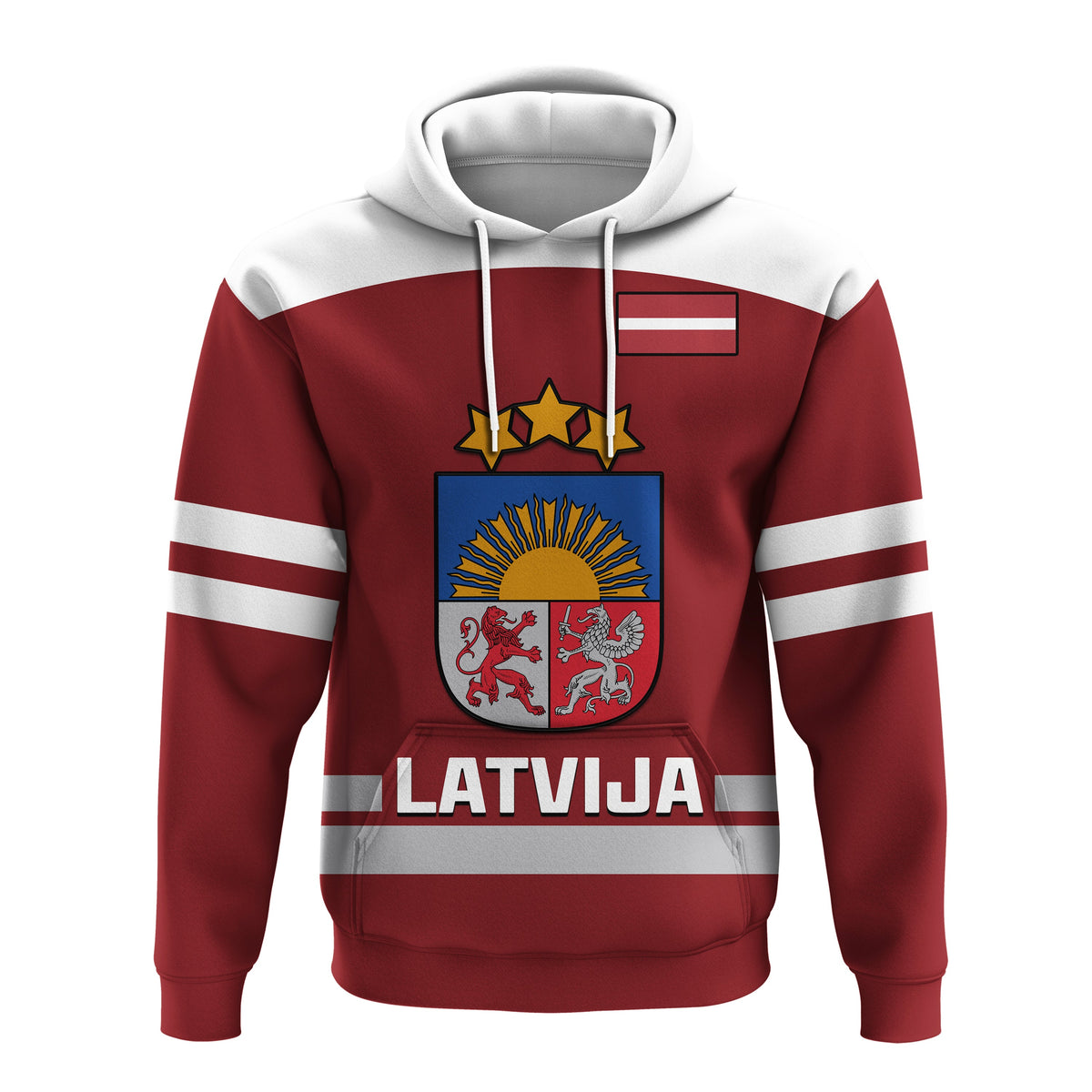Red hockey pullover hoodie with white hood, drawstrings, sleeve stripes, crest and LATVIJA