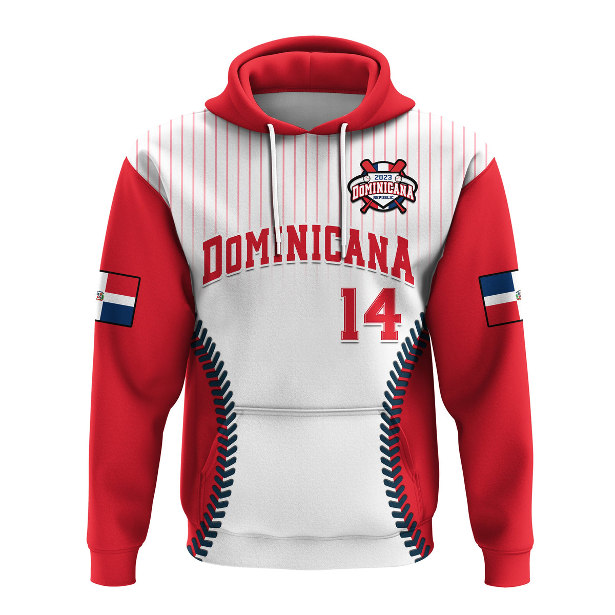 White pullover baseball hoodie with red hood, red sleeves, front Dominican 14 graphic