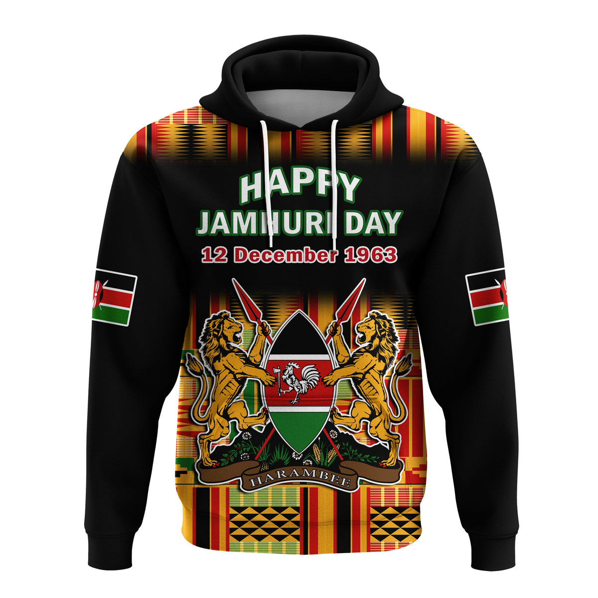 Black pullover hoodie with Happy Jamhuri Day graphic, hood and front pouch pocket