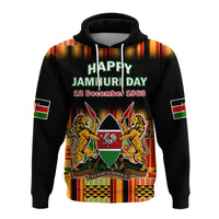 Black pullover hoodie with Happy Jamhuri Day graphic, hood and front pouch pocket