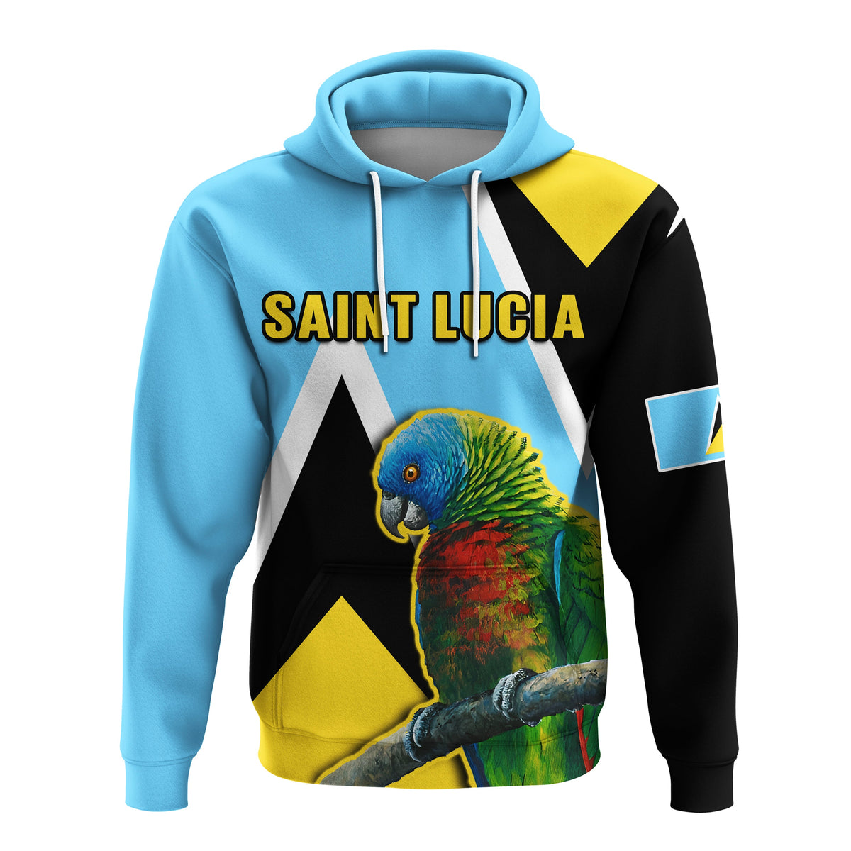 Blue pullover hoodie with parrot graphic and SAINT LUCIA text across chest
