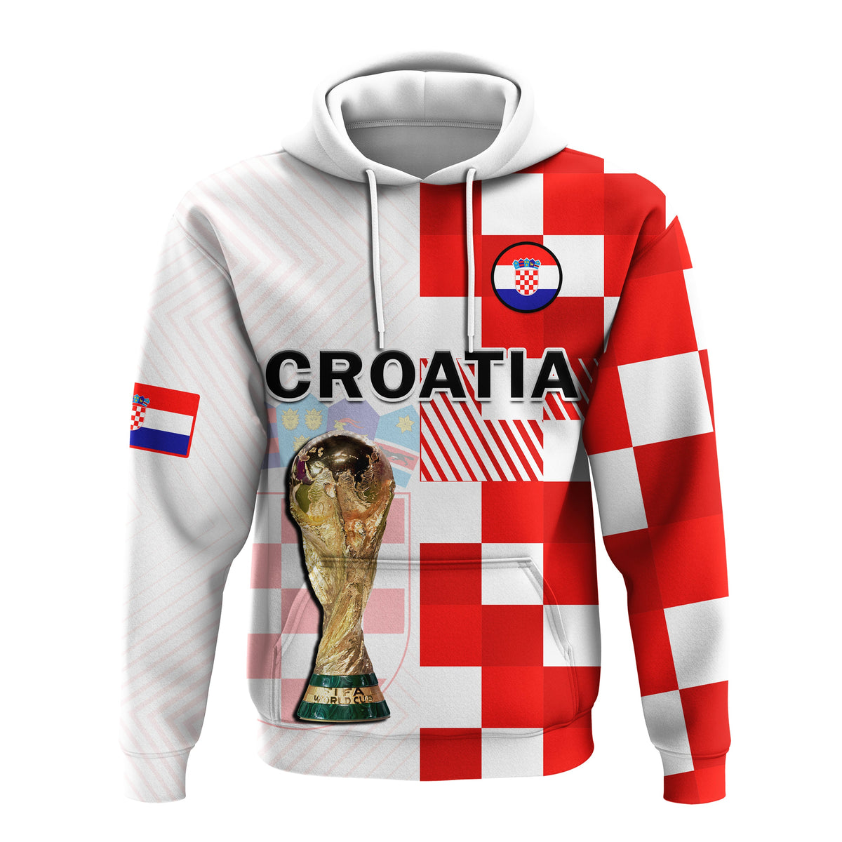 Red/white check pullover hoodie, drawstring hood, CROATIA print and trophy