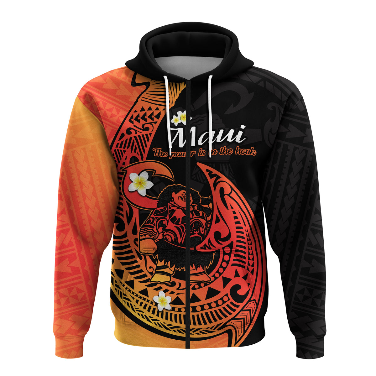 Orange-to-black pullover hoodie with black hood and Maui text over fish hook artwork