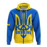 Blue pullover hoodie with yellow hood and centered Ukraine text and trident graphic
